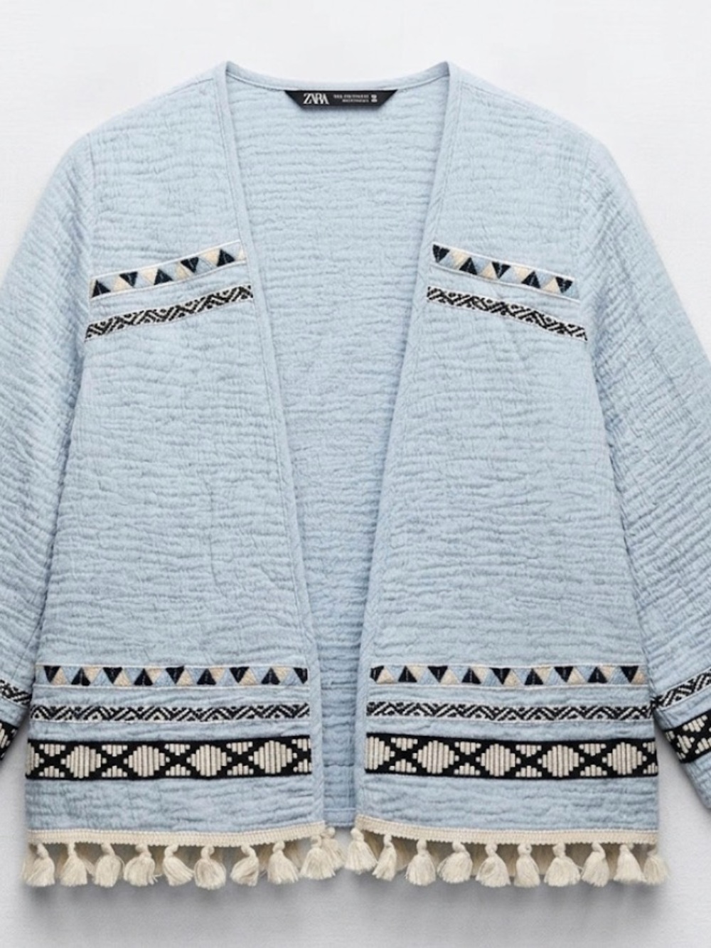 Zara Pale Blue Embroidered Tassel Open Cardigan